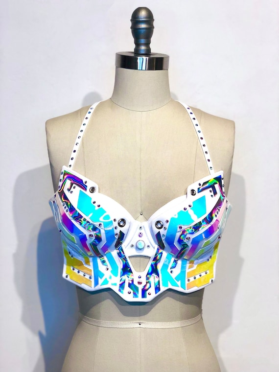 Holographic Electra Bra white Rave Outfit Festival Bra Cyberpunk Costume  Tron Burning Man Drag Queen Costume 