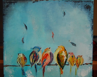 Colorfull birds original oil painting on canvas palette knife ready to hang
