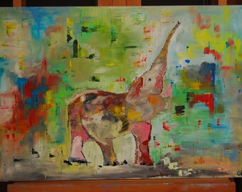 Elefant original oil painting on canvas palette knife ready to hang