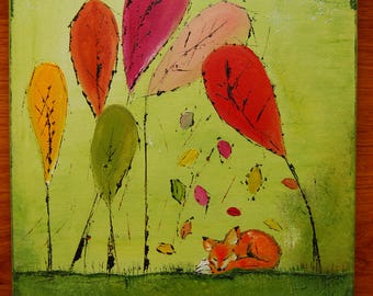 Sleeping foxy original oil painting on canvas palette knife ready to hang