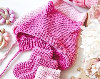 Cat Ears Baby Bonnet Hat And Booties, Socks,  Knitting Pattern, 3-9 months