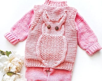 2 Knitting Patterns/ Baby Vest With Owl  / Knitted Baby Overall Romper Bodysuit Knitting Pattern / More sizes