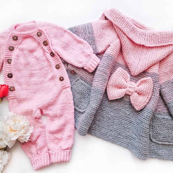 LB008 and LB009 - Long Sweater Cardigan With Bow,  Girl Coat  with Pockets,  Hooded Ombre Sweater, Stockinette stitch Romper, PDF pattern