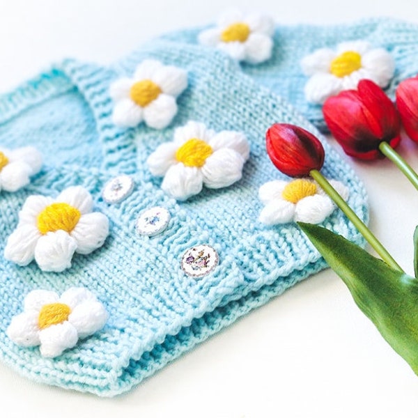 LB018 - Trui vest met 3D Puff Daisy Flower, meisjesjas, handgemaakt cadeau