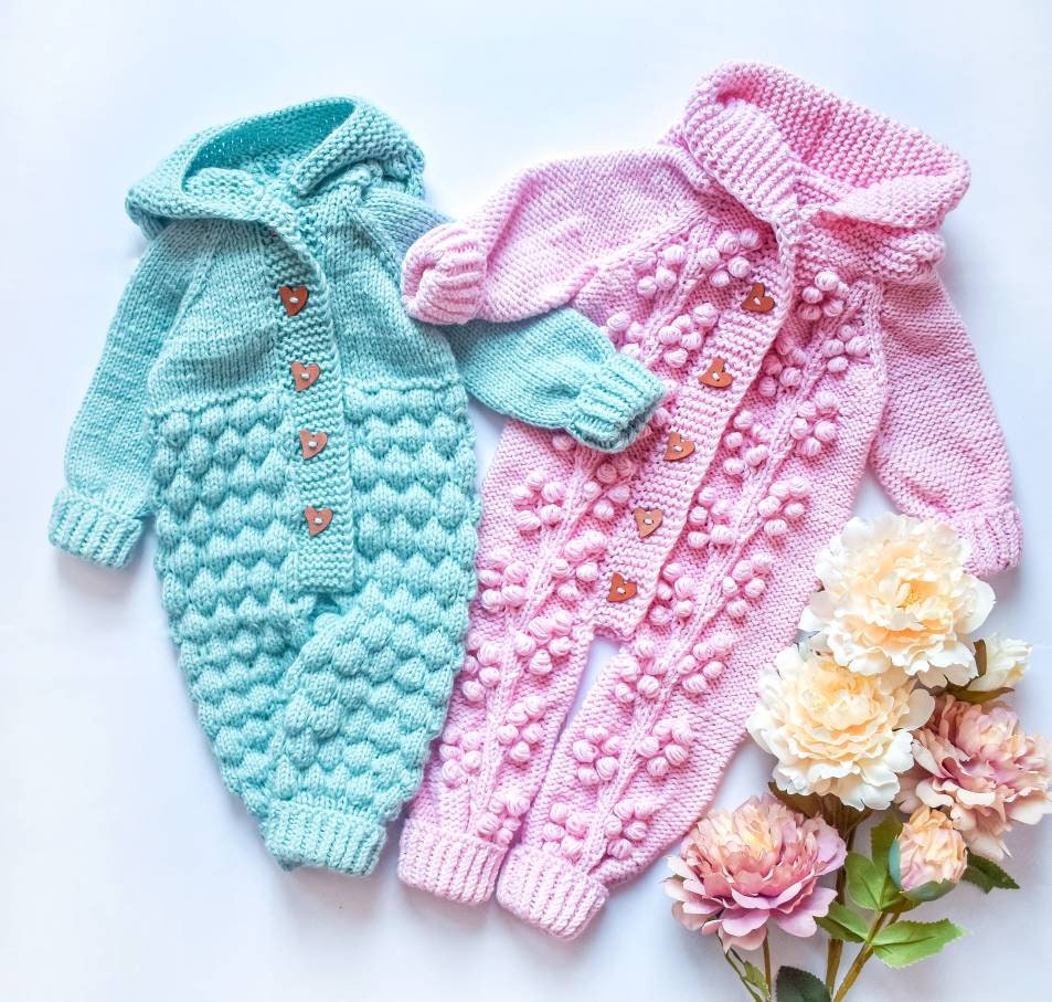 2 Different Patterns of Knitted Baby Jumpsuit / Bubble Stitch | Etsy