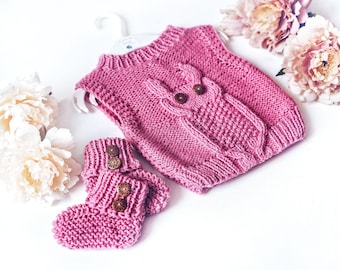 SET / 2 Knitting Patterns / Socks / Booties / Vest / Owl / PDF file, Handmade gift