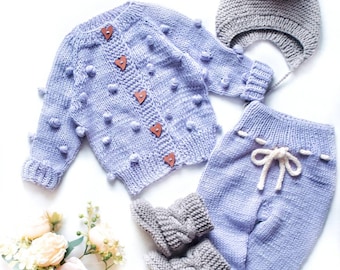 SET / 5 Knitting Patterns / Sweater / Cardigan / Pants / Booties  / Boots / Beanie / Hat / PDF file