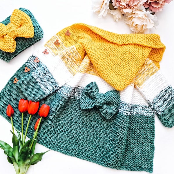 LB003 - Sweater Cardigan With Bow,  Girl Coat  and Headband,  With Hoodie, Ombre Sweater, Handmade gift