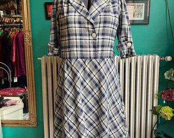 Abito vintage scozzese blu-bianco-verde, XL-XXL / US 16, abito con tasche