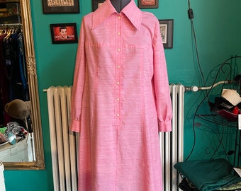 Kaisu Heikkilä pink dress, 42 / US 12, vintage dress 70s, long sleeve dress, Finnish vintage, shirt dress