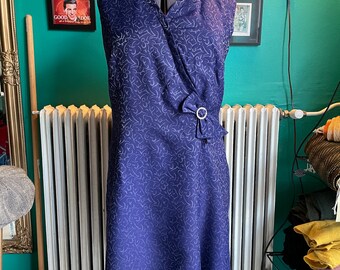 Siro Puku blue and silver dress, XL / US 15, vintage dress 60s, faux wrap around dress, cocktail dress