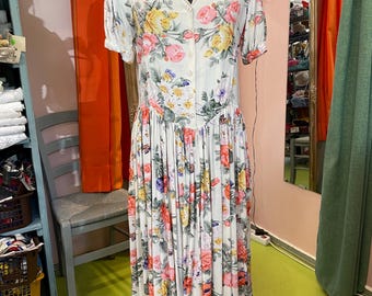 Abito vintage bianco a fiori, L-XL / US 10-12, abito vintage anni '90, abito floreale, abito a camicia