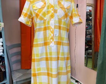 Abito vintage Vanessa a quadri giallo-bianchi, taglia 40 / L / US 10, con tasche, vintage finlandese