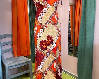 Abito vintage hawaiano a fiori arancione-beige, XS-S / US 4-6, abito vintage anni '70, abito senza maniche, hawaiano vintage