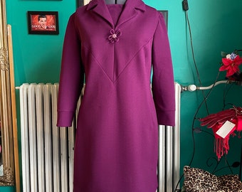 Salonne dark purple  dress, 40 / US 10, vintage dress 60s, long sleeve dress