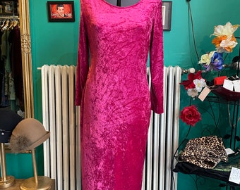 All That Jazz pink crushed velvet dress, XL / US 15, vintage dress 80s, long sleeve dress