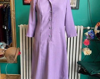 Lena lavender dress, 42 / US 12, vintage dress 70s, three-quarter sleeve dress, Finnish vintage, shirt dress, lilac
