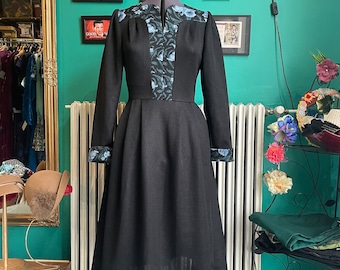 Kaisu Heikkilä black dress with blue floral pattern, 36 / US 6, vintage dress 70s, long sleeve dress, Finnish vintage