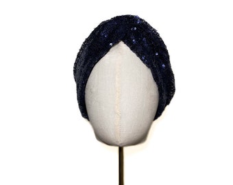 Cerchietto con paillettes blu scuro, cerchietto twist, paillettes, mezzo turbante