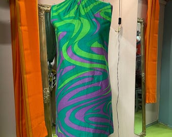 Abito vintage verde e viola, S-M / US 6-8, abito vintage anni '60, abito senza maniche, colori psichedelici