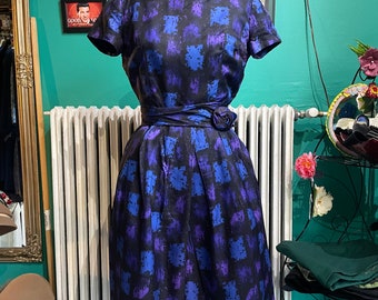 Fasilko black, blue and purple dress, 40 / US 10, vintage dress 60s, vintage cocktail dress