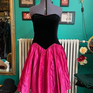 Laura Ashley velvet and taffeta dress, 42 / US 14, vintage dress 80s, sleeveless dress, velvet bodice, fuchsia pink skirt image 1