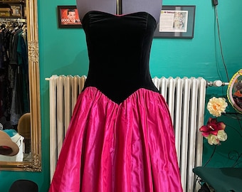 Laura Ashley velvet and taffeta dress, 42 / US 14, vintage dress 80s, sleeveless dress, velvet bodice, fuchsia pink skirt