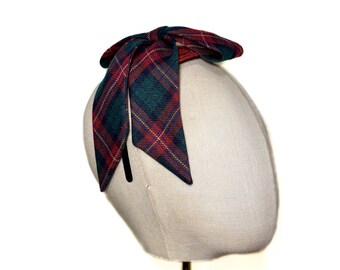 Red fascinator with plaid bow, headband hat, hat with bow, cocktail hat, tartan pattern