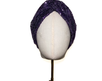 Cerchietto con paillettes viola, cerchietto twist, paillettes, mezzo turbante