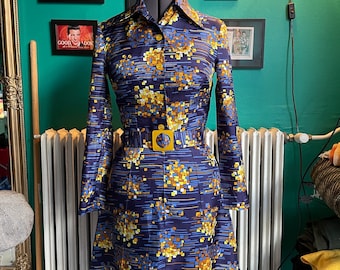 Figura blue patterned dress, medium / US 8, vintage dress 70s, Finnish vintage, made in Finland