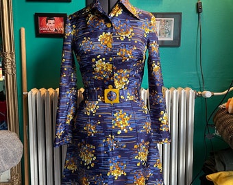 Figura blue patterned dress, medium / US 8, vintage dress 70s, Finnish vintage, made in Finland