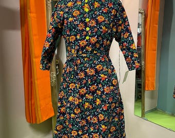 Abito vintage in cotone floreale, 40 / US 10, motivo floreale nero e arancione, abito vintage, abito a maniche lunghe