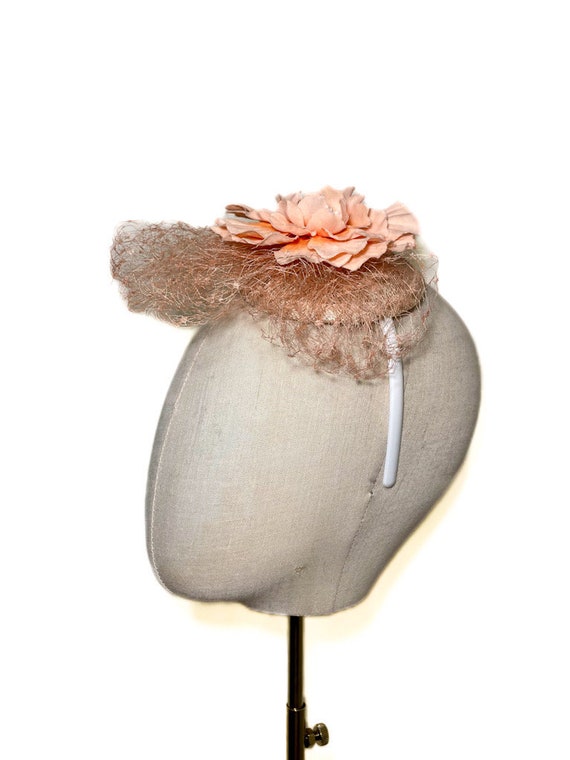 Peach Colored Fascinator With Peach Colored Flower and Veil  display picture 3
