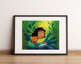 Girl looking at snail, 8x10 illustration art print -