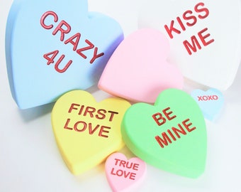 Conversation Heart Decor with Carved Debossed Words: Valentine's Day Candy Decorations (individual hearts, sold each). Customizable.