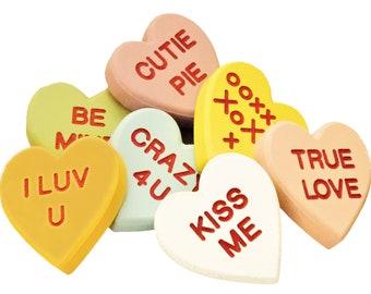 Carved Conversation Heart Set: Valentine's Day Candy Decor, Customizable Gift. Mix and Match 7 Colors Available.