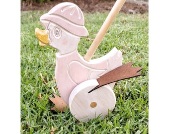 Hand Painted Wooden Push Toy: Ducky (pink, blue, yellow, or green), Dinosaur, or Racoon. Customizable.