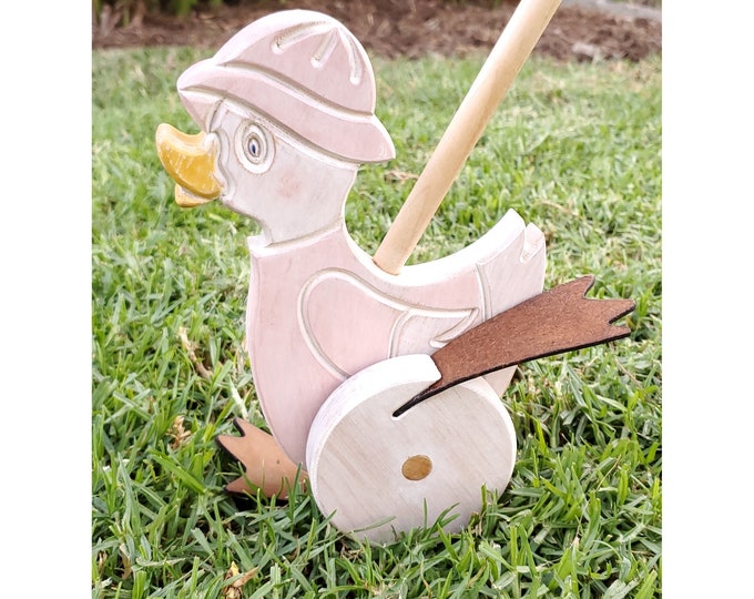 Featured listing image: Kid's Push Toy with Flappy Feet - Waldorf Kid's Toys: Pink Wooden Ducky, Dinosaur, or Racoon for Toddler. Hand Painted and Customizable Gift