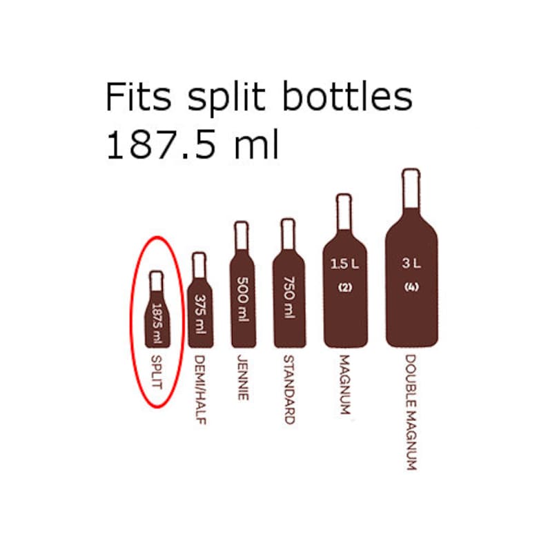May include: Diagram showing different bottle sizes with their corresponding names and millilitre measurements. The smallest bottle is labelled "SPLIT" and measures 187.5 ml.