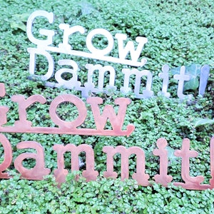 Puede incluir: Dos letreros de metal con las palabras "Grow Dammit!" en una fuente r&uacute;stica. El letrero superior es plateado y el letrero inferior es marr&oacute;n oxidado.