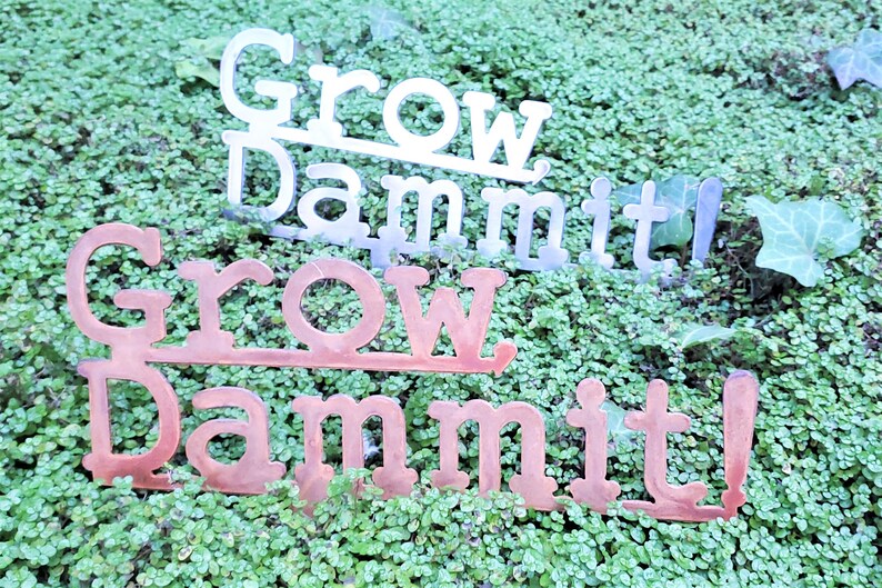 Puede incluir: Dos letreros de metal con las palabras "Grow Dammit!" en una fuente r&uacute;stica. El letrero superior es plateado y el letrero inferior es marr&oacute;n oxidado.