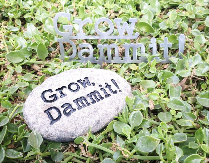Puede incluir: Una piedra gris con el texto "Grow, Dammit!" grabado en ella. La piedra est&aacute; rodeada de follaje verde. Un letrero de metal con el texto "Grow, Dammit!" es visible en el fondo.