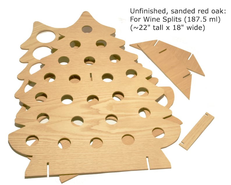 May include: Unfinished, sanded red oak Christmas tree wine bottle holder. It is designed to hold 187.5 ml wine splits and measures approximately 56 cm tall by 46 cm wide.