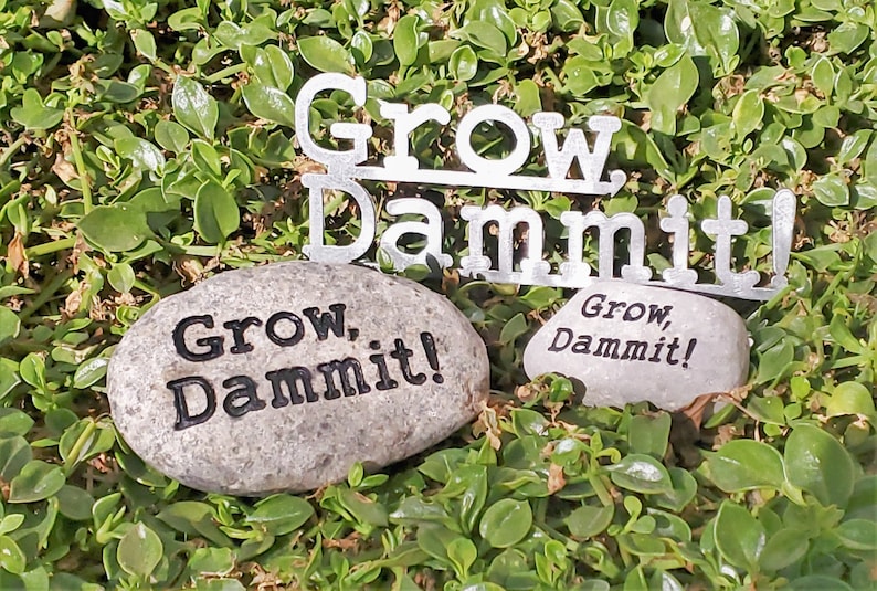 Puede incluir: Dos decoraciones de jard&iacute;n con el texto "Grow, Dammit!" Una es un letrero de metal y la otra es una piedra gris.