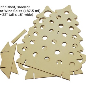 May include: Unfinished, sanded wooden Christmas tree shaped wine bottle holder. It is designed to hold 187.5 ml wine splits. The tree is approximately 56 cm tall and 46 cm wide.