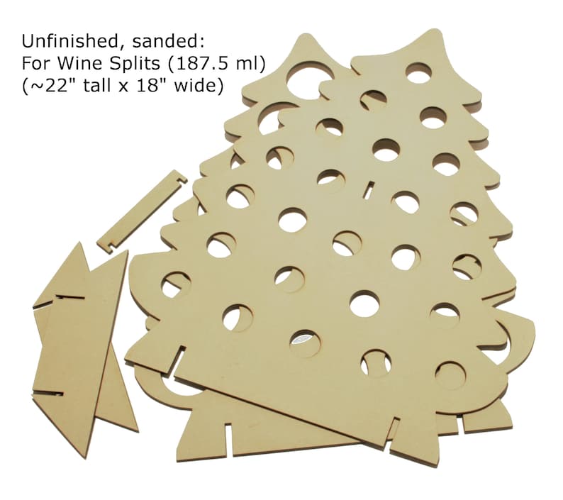 May include: Unfinished, sanded wooden Christmas tree shaped wine bottle holder. It is designed to hold 187.5 ml wine splits. The tree is approximately 56 cm tall and 46 cm wide.