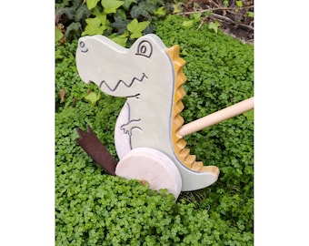 Hand-Painted Dinosaur Push Toy with Flappy Feet: Waldorf Wooden Toddler Toy