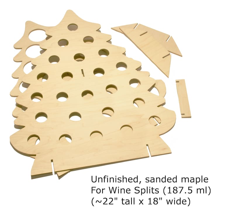May include: Unfinished, sanded maple wine bottle holder shaped like a Christmas tree. It is designed to hold 187.5 ml wine splits and measures approximately 56 cm tall by 46 cm wide.