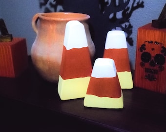 Candy Corn Halloween Shelf Decor Set, A PERFECT Accent for Hello Fall, Harvest, and Thanksgiving Decorations. Handmade, Dyed, and Painted!