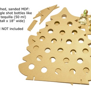 May include: Unfinished, sanded MDF Christmas tree bottle holder with 20 holes for single shot bottles like Patron tequila (50 ml). The tree is approximately 51 cm tall and 46 cm wide.  alcohol NOT included.